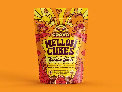 Coova - Sunrise Spark abstract beach california cannabis coova graphic design gummies hippie illustraion label design logo design marihuana ocean orange packaging packaging design palms sun waves
