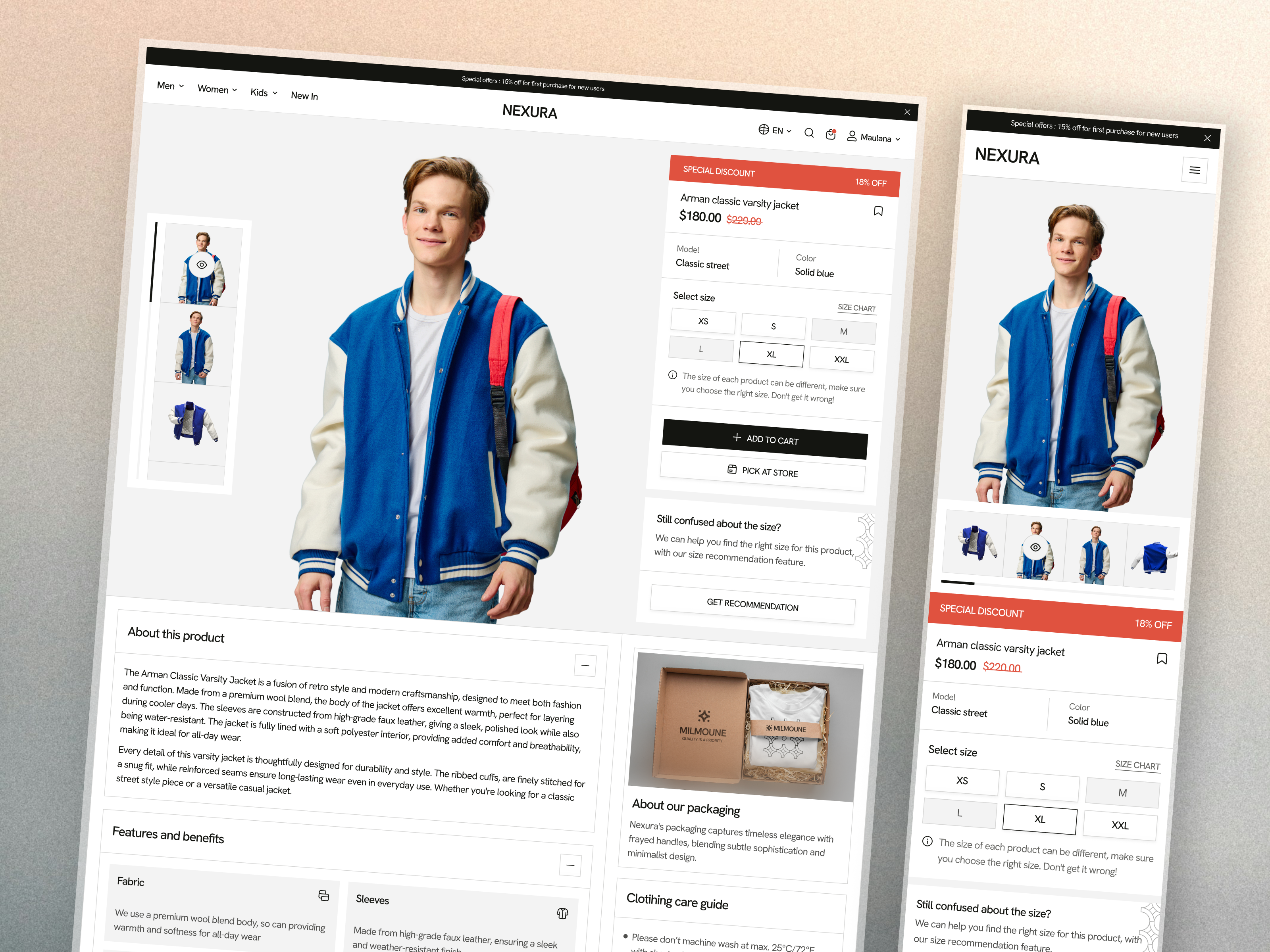 E-Commerce Product Details Page add to cart branding clean design clothing store e commerce website fashion e commerce minimal ui modern ui online store product detail page product page responsive design retail website shopping website size selector ui web design