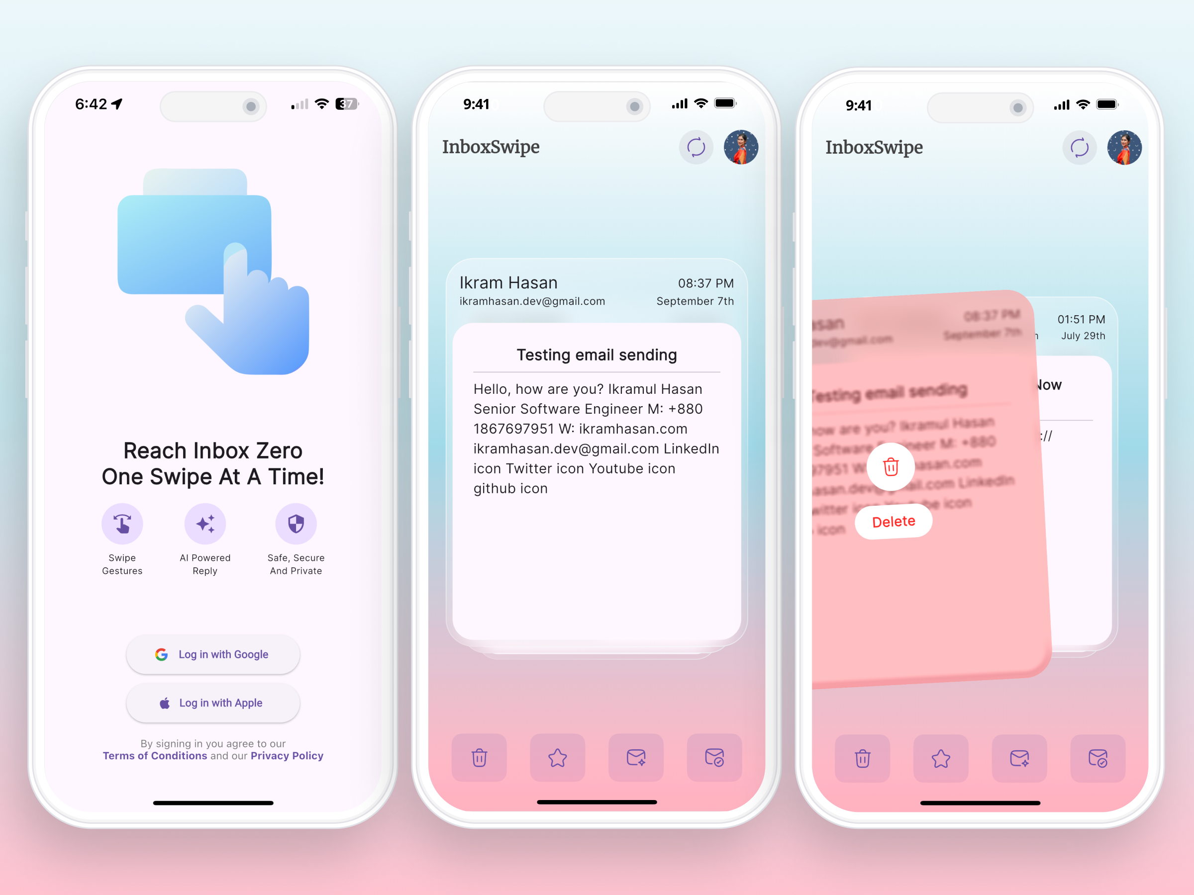 InboxSwipe: Reach Inbox Zero One Swipe At A Time clean email clean ui email cleaning app fignma inboxswipe inboxzero mail declutter mailbox mobile app modern new security and privacy swipe card tinder trending viral zero mail