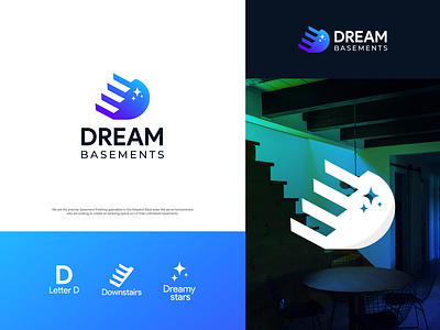 Dream Basements | Letter D Modern Logo & Branding a b c d e f g h i j k l m n basement branding creative d logo dreamy graphic design home house initial letter d lettermark logo logo design minimal modern logo monogram stairs stars steps