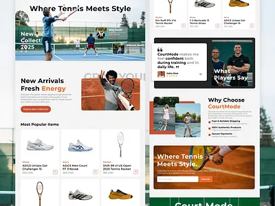CourtMode - Tennis Shop Landing Page branding desain e commerce figma framer graphic design landing page product tennis tennis shop ui ui design ui ux ui ux design uiux uiux design ux ux design web design website