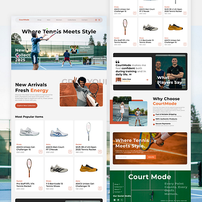 CourtMode - Tennis Shop Landing Page branding desain e commerce figma framer graphic design landing page product tennis tennis shop ui ui design ui ux ui ux design uiux uiux design ux ux design web design website