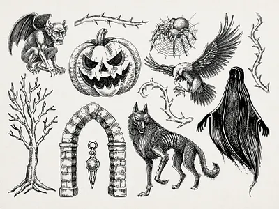 Gothic Halloween Hand-Drawn Vector Illustrations character design engraving gothic halloween hand drawn illustration sketch vector vinatge