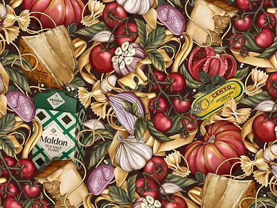 Pasta Pattern Artwork botanical drawing food food illustration grocery illustration label packaging pasta pattern salt surface design tomato vegetable