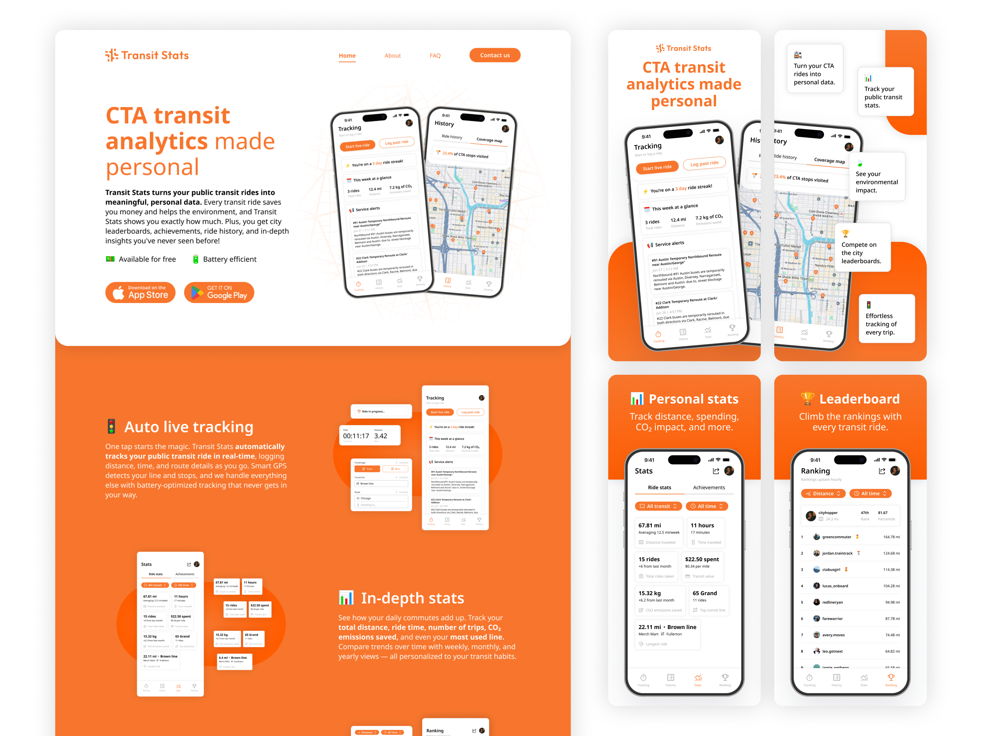 Personal Transit Analytics App - Website & Screens app app website appstore screens brand identity minimal mobile ui navigation transit app ui ui design ux design website