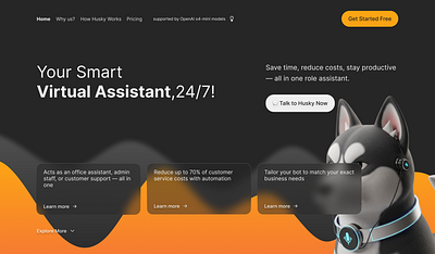 Husky - AI Virtual Assistant Service ai dark graphic design hero landing page minimalist modern ui virtual assistant