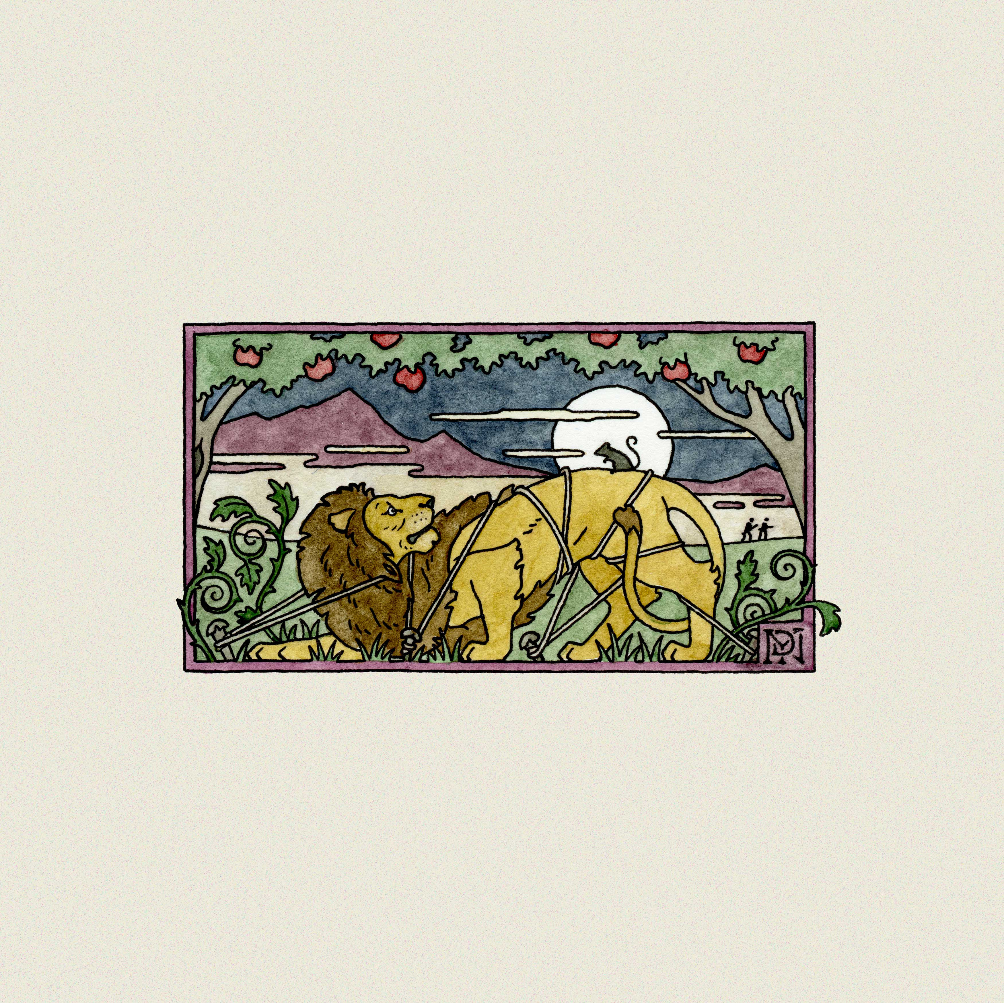 The Lion & The Mouse book editorial fable folk folk art illustration lion literary pen and ink pen drawing story traditional watercolor