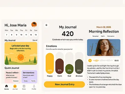 Modern Journal App UI – Daily Reflections, Emotions Tracking, an 3d animation brand branding cardboard design emotion tracking graphic design illustration logo mobile motion graphics productivity self ui wellness
