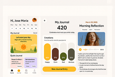 Modern Journal App UI – Daily Reflections, Emotions Tracking, an 3d animation brand branding cardboard design emotion tracking graphic design illustration logo mobile motion graphics productivity self ui wellness