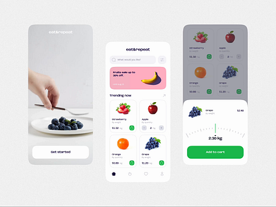Eat & Repeat - Grocery App UI app design application delicious design green grocery app light theme minimalistic mobile mobile app shop ui ux white