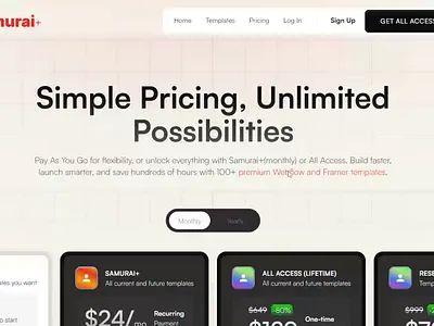 SAMURAI+ PLR & Lifetime Access Webflow/Framer Templates branding figma figmatemplates framer framertemplates plrlicense resellingtemplates ui webflow webflowtemplates