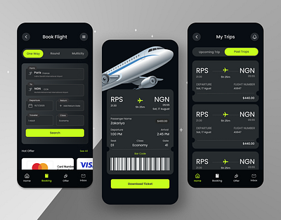 “Flight Booking App – Dark Mode UI/UX” design figma graphic design ui ui ux user experience user interface ux