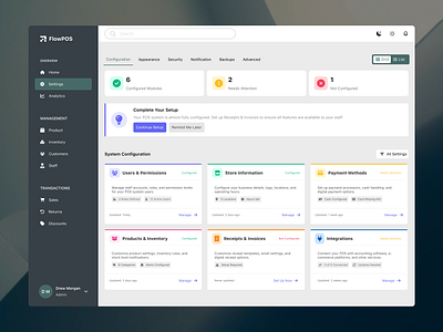 Settings Page for POS Dashboard branding darkmode design designexploration designinspiration figmadesign fintechdesign illustration productdesign ui