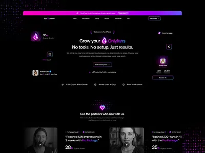 Onlyfans Marketing Website Hero Header agency dark theme dark ui landing page marketing agency only fans onlyfans saas saas landing page smm panel ui uidesign