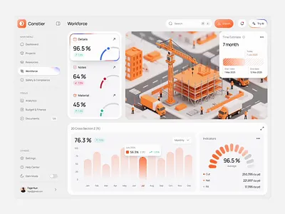 Constier - Construction Dashboard 3d animation builders clean contruction dashboard illustration insight layout minimalist monitoring motion graphics orenji overview projects responsive safety trend ui video