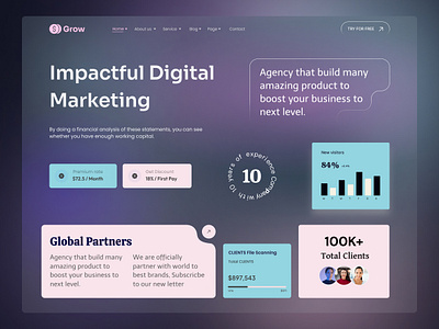 Digital Marketing Agency Landing Page animation apps branding clean dark theme dashboard design digital marketing figma graphic design illustration landing page marketing minimal motion graphics ui uiux ux web page website