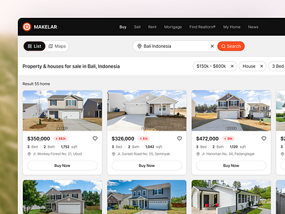 Makelar - Property Search & Listing Platform agent apartment architecture building business find finder home house listing properties property real estate realestate search service ui ux web design website