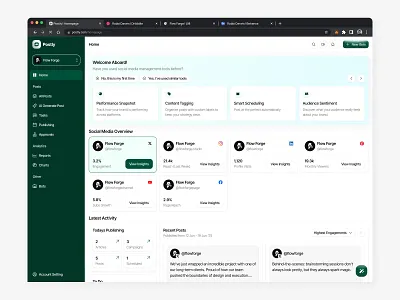Postly - Social Media Management Webapp (Home & Key Shortcut) ai generate ai marketing tool ai social media manager campaign management chatbot chatbot automation competitor analysis creating post generate post homepage keyboard shortcut post performance post scheduler profile insight profile performance redesign saas social media management social media planner tag performance