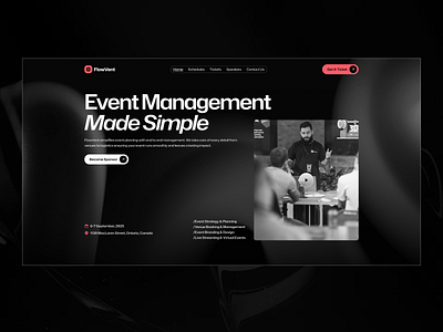 Event & Conference Management Website UI Design animation conference branding conference flyer conference logo conference website design corporateevents dark event agency event dashboard event management landing page eventorganizer framer hero section concept photographer photoshoot product design webflow design wedding