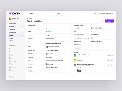 Movex SaaS - Issue Details details fleet input issue management parts problem solving resolution saas solution status timeline ui uiux vehicle issue vehicle parts issue webapp