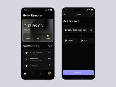 Money transfer app / Top up an account account add card animation app bank bank card business clean dark theme fintech home page minimal money transfer send money success top up transaction ui
