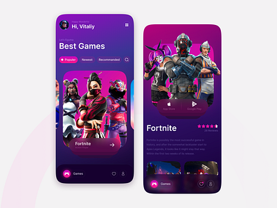 Best Games App UI – Gaming Mobile App Design app concept app design application dark mode ui esports fortnite game discovery game listing app game store game store app game ui games gaming app mobile app design mobile ui purple gradient ui store app ui design uiux ux design