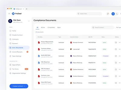 ProDeel - Compliance Documents Page Design components customer documents dashboard design document management documents file management folder history list minimal product design saas side menu storage ui design user interface ux design wallet web application