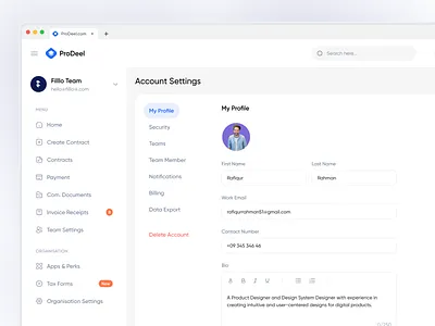 ProDeel - Account Settings/Profile Page Design account admin component crm dashboard details edit form hr interface management preferences product saas settings sidebar ui design user profile ux design web app