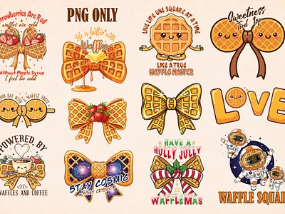 Waffle-Themed Cute T-Shirt Design Pack 🍯🧇 artwork branding clothing design fashion graphic illustration logo merch print retro sticker streetwear trendy tshirt typography ui vector vintage