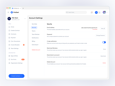 ProDeel - Account Settings Page Design account account settings admin panel form inputs menu navigation password product design profile settings saas search security settings page table tabs team toggle ui design ux design