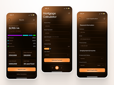 Mortgage Calculator App – From Estimate to Application app design app designer app ui creativeagency dark ui modern product design real estate app real estate app designer trendy ui uiux uiuxdesign ux visual design