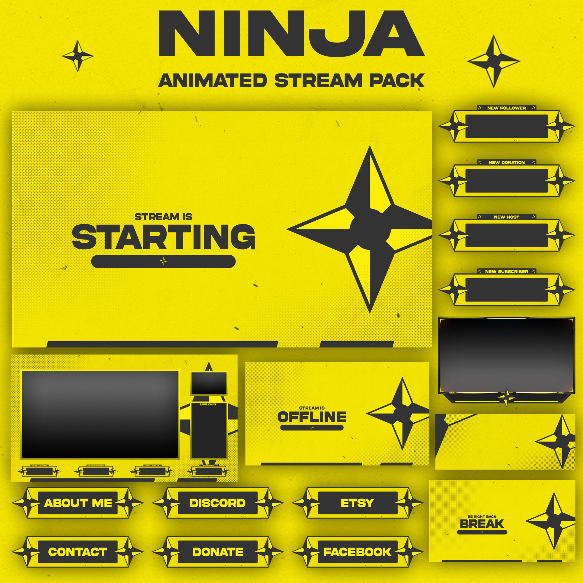 Shuriken Ninja Animated Stream Pack Premium Animated Stream animated stream pack facecam frame gaming overlay just chatting overlay kick overlay live stream design live stream overlay obs overlay starting soon screen stream package stream panels stream screens streaming graphics streamlabs overlay twitch alerts twitch overlay twitch stream pack vectorkingstudio vtuber overlay youtube overlay