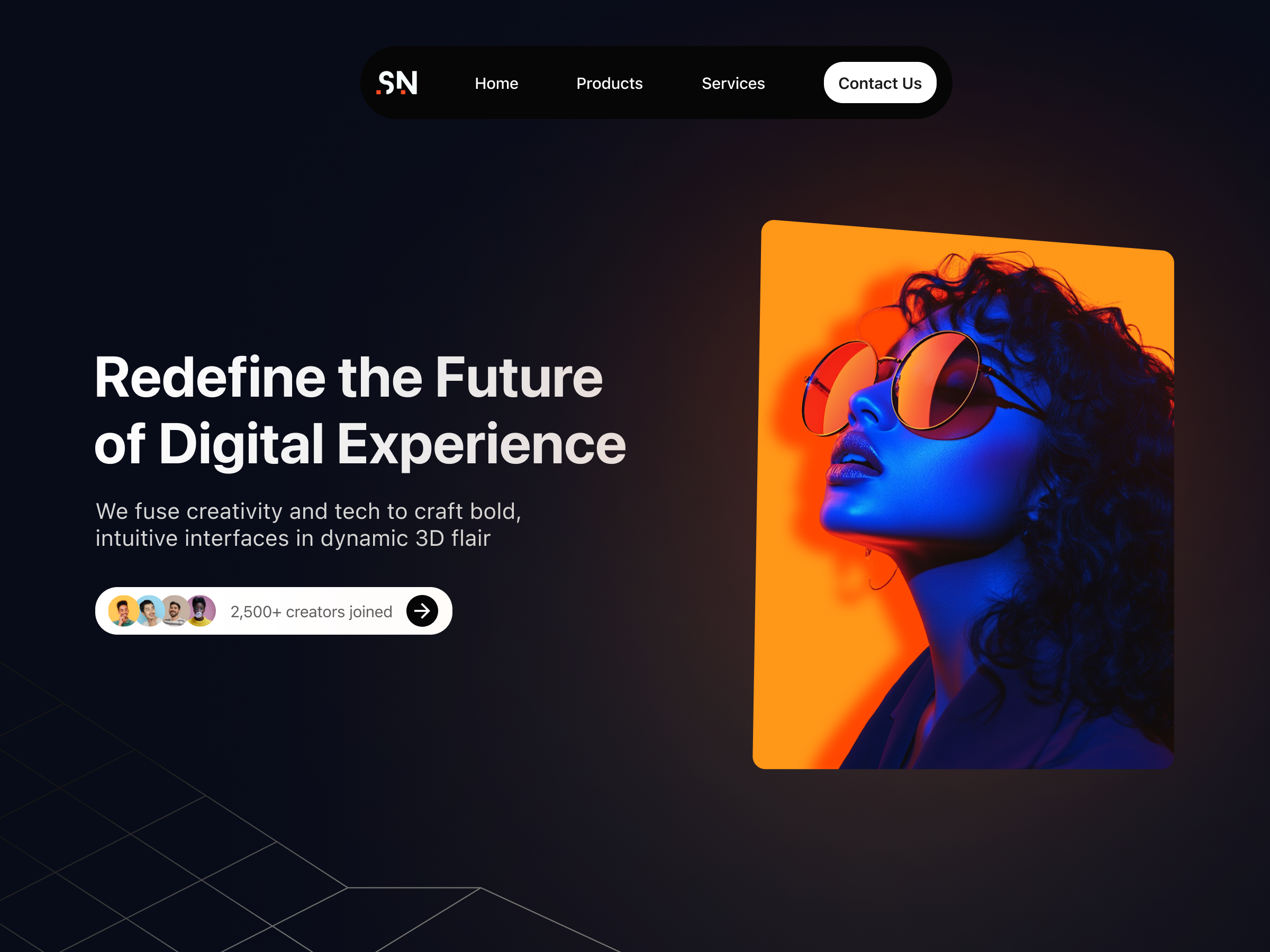 Futuristic Landing Page with Bold 3D Vibes 3d design black design clean design creative agency dark mode digital experience futuristic hero section landing page minimalist minimalist design modern modern design modern ui neon orange landing page ui ui design ux design web design
