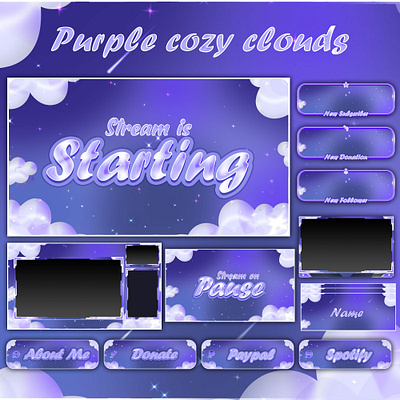 Purple Clouds Animated Stream Package: For Twitch Overlay, Kick animated pack stream animated screens banner design graphic design kick kick animated screens kick overlay kick pack kick pack overlay kick screen animated kick screens kick stream animated overlay pack stream overlay screens stream overlays stream pack ovelay twitch overlay twitch stream twitch stream overlay