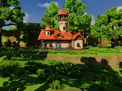 House 8 With Environment 3D model 3d 3dart 3dmodel art blender3d cliff conceptart design environment exterior fantasy flower forest game grass house landscape lowpoly rocks