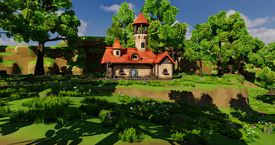 House 8 With Environment 3D model 3d 3dart 3dmodel art blender3d cliff conceptart design environment exterior fantasy flower forest game grass house landscape lowpoly rocks