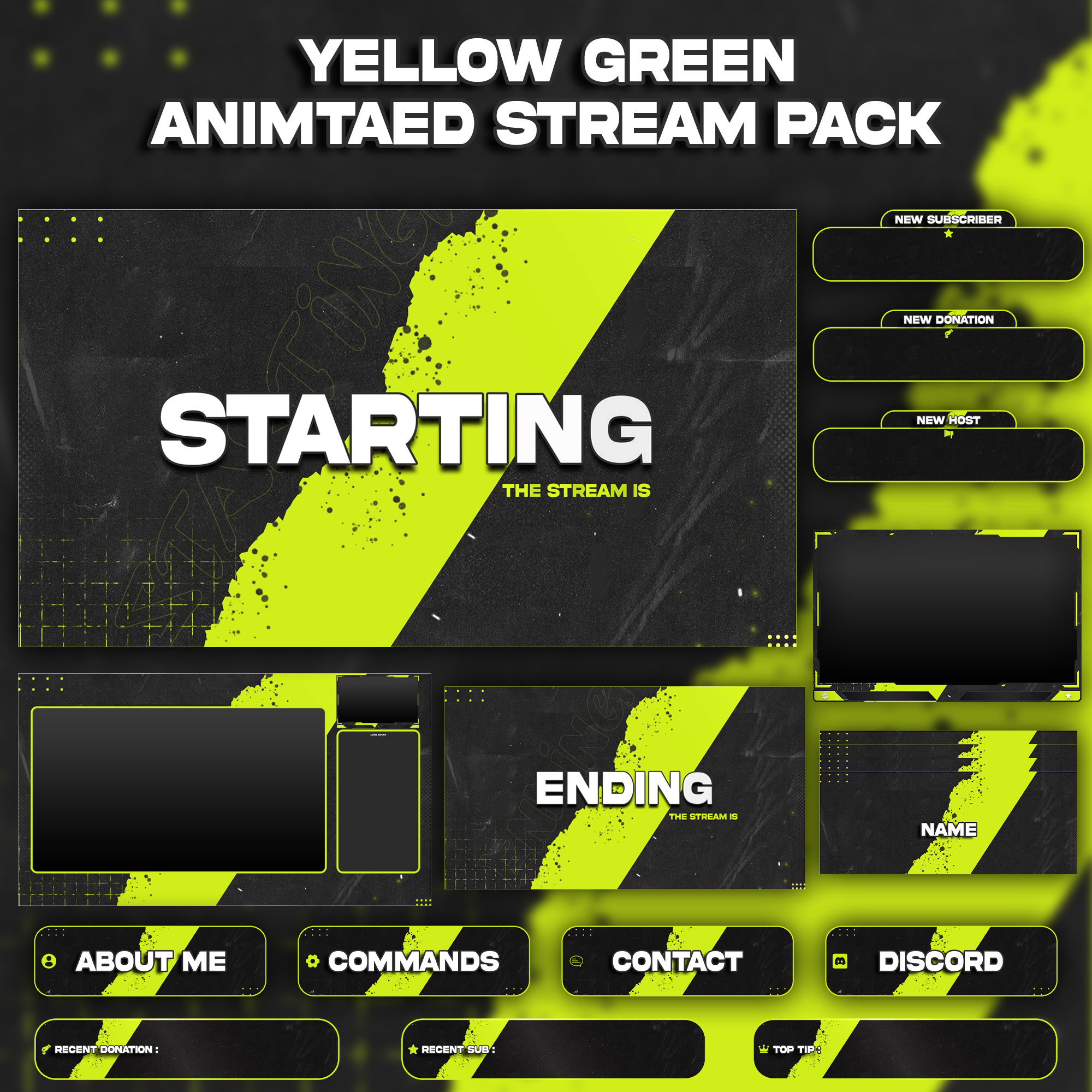 Yellow Green Animated Stream Package : For Twitch Overlay, kick animated pack stream animated screens banner design graphic design kick kick animated screens kick overlay kick pack overlay kick screens kick stream animated overlay kick twitch overlay pack stream overlay stinger transition stream overlays stream pack ovelay twitch overlay twitch stream twitch stream overlay
