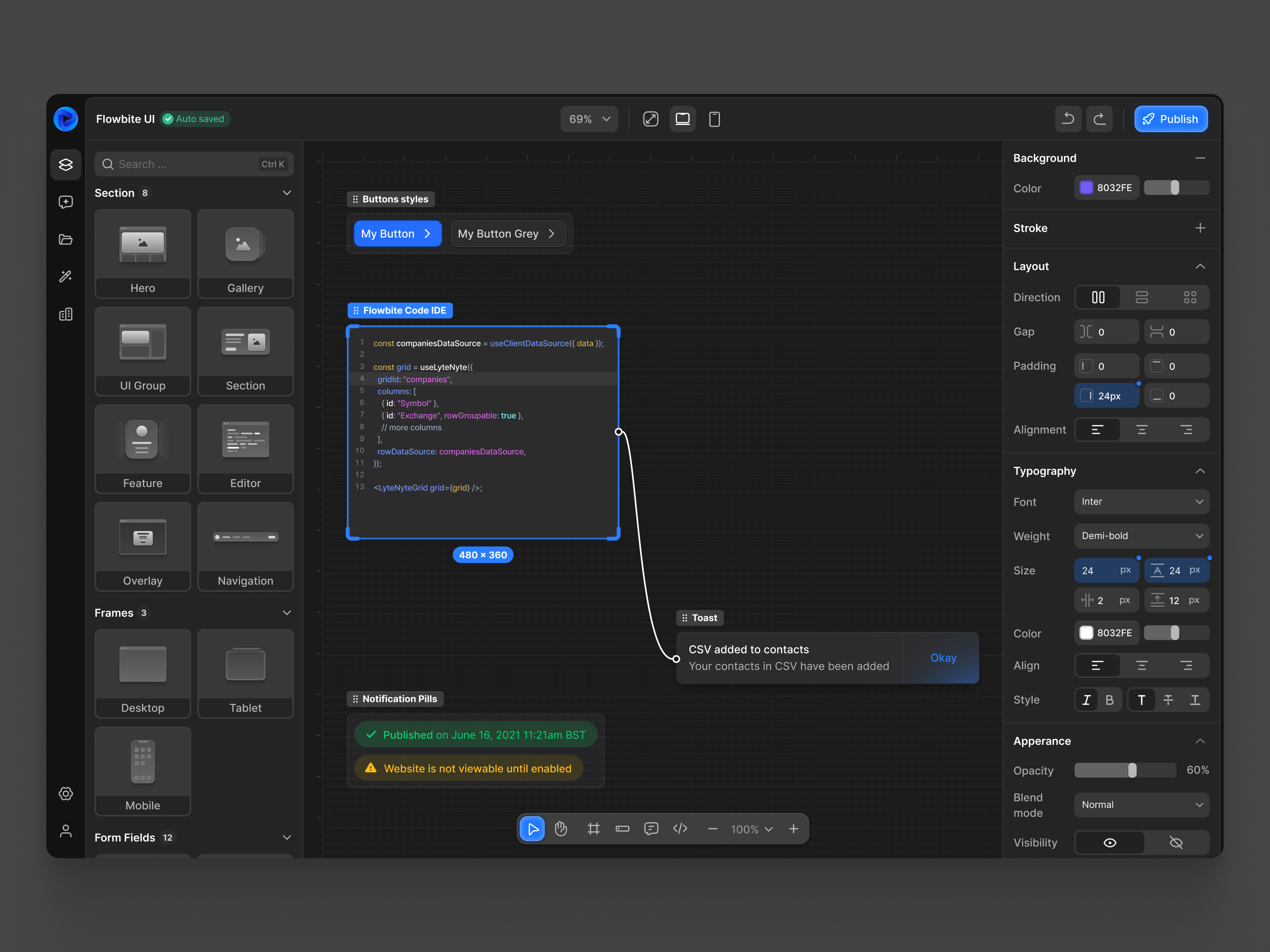 Flowbite no-code ai vibedesign website builder b2b builder dashboard editor no code nocode saas vibecoding vibedesign web app website