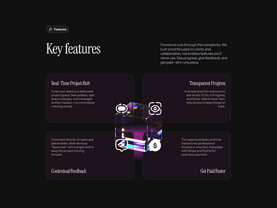 flowlance: saas landing page branding clean cube dark design figma glass graphic design hero illustration landing page logo purple saas serif ui ux website