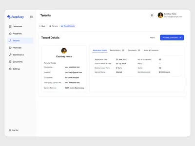 Tenant Application Details – Real Estate SaaS Dashboard UI and transparent app application insights branding clean ui dashboard ui design illustration mobile app personal details property management dashboard property managers real estate saas dashboard ui rental process seamless saas dashboard ui tenant application details tenant portal uiux