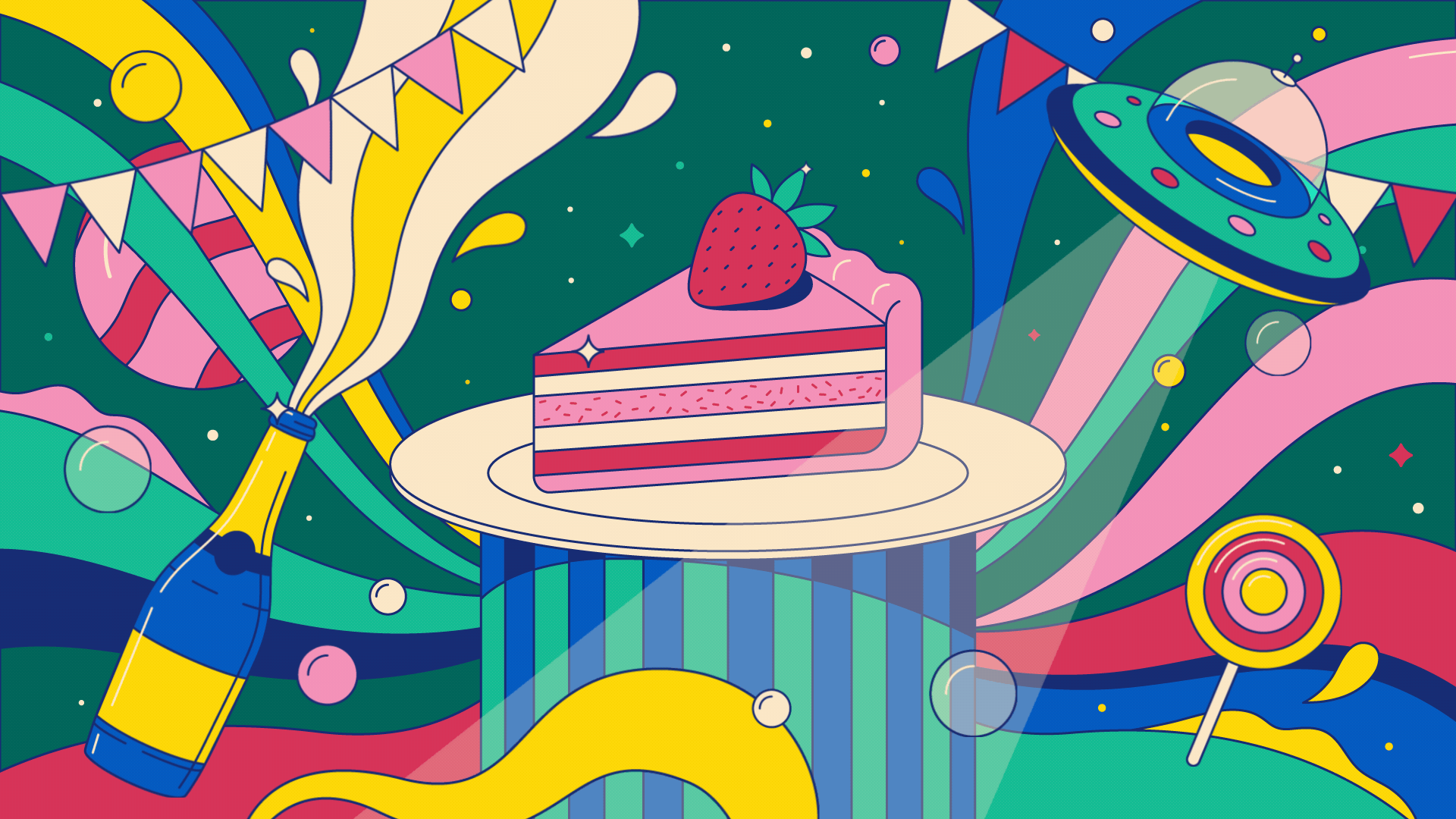 Birthday Postcard animation beam birthday bubbles cake champagne cosmic cosmos design editorial gif hippie illustration light motion graphics postcard psy strawberry surreal ufo