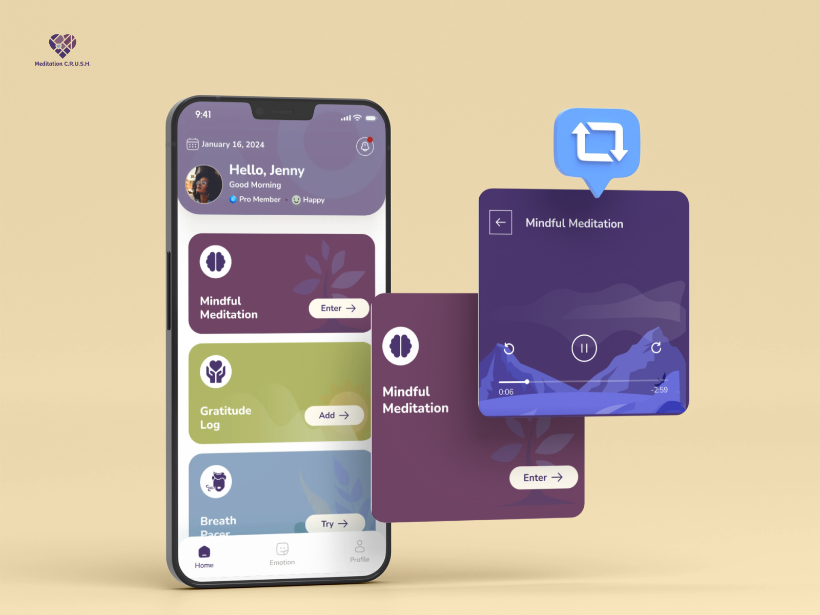 Meditation C.R.U.S.H – Chronic Pain Management App health meditation app mobile app mobile ui pain management ui ux design wellness app