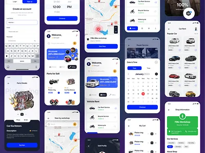 Filllo Automotive App UI Kit auto automobile automotive car care car cleaning car detailing car rent service car repair car wash cars design mechanic mobile mobile app repair service ride share transport uidesign uiux vehicle