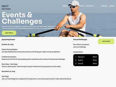 NexRow — Rowing Redefined (Events & Challenges | Community UI) communitydesign events figma landingpage rowingsport ui ux webdesign