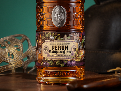 Perun - Plum Brandy bottle branding brandy design drawing gin graphic design illustration label mythology packaging rakija rum slavic typography vintage whiskey