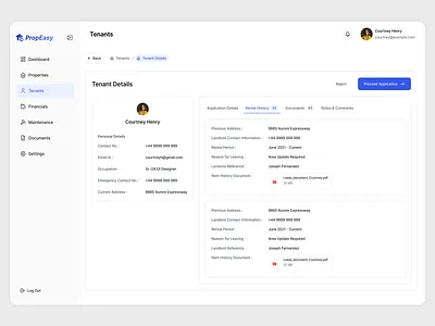 Tenant Rental History – Real Estate Dashboard UI app branding clean ui credibility design faster decision making power illustration mobile app property management platform real estate dashboard ui real estate ui rental history documents tenant details flow tenant history tracking tenant rental history uiux