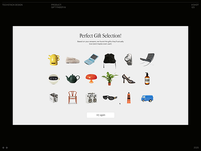 Gift Finder AI — Interactive Web Experience ai ai powered animation button consept design figma finder gift gift finder interactiion motion graphics question ui ui desiign ux web web tool website