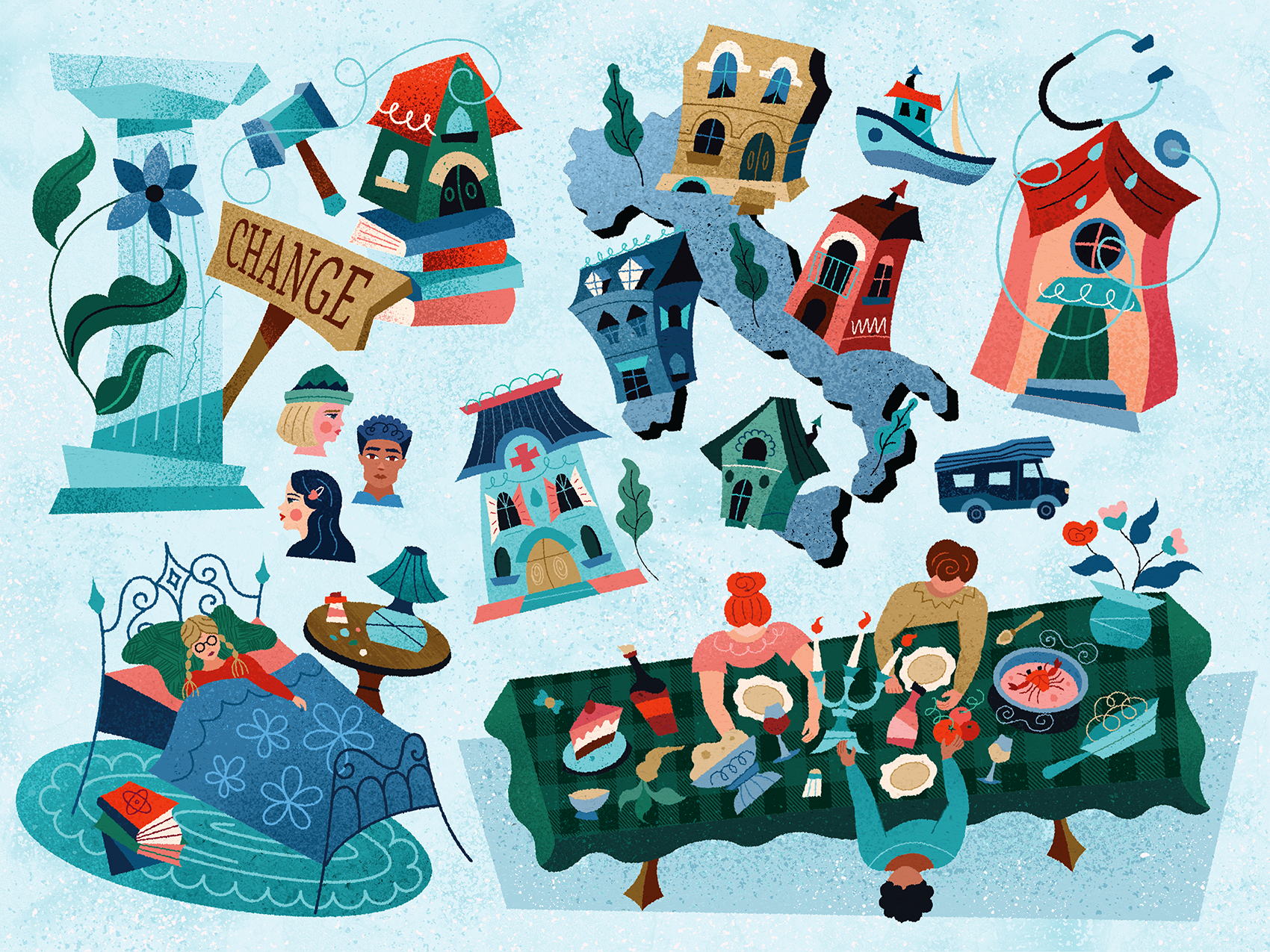 Housing and Community - Illustration Assets abstract adobe illustrator assets building community design food geometric health home house housing illustration italy map mid century pattern texture urban vector