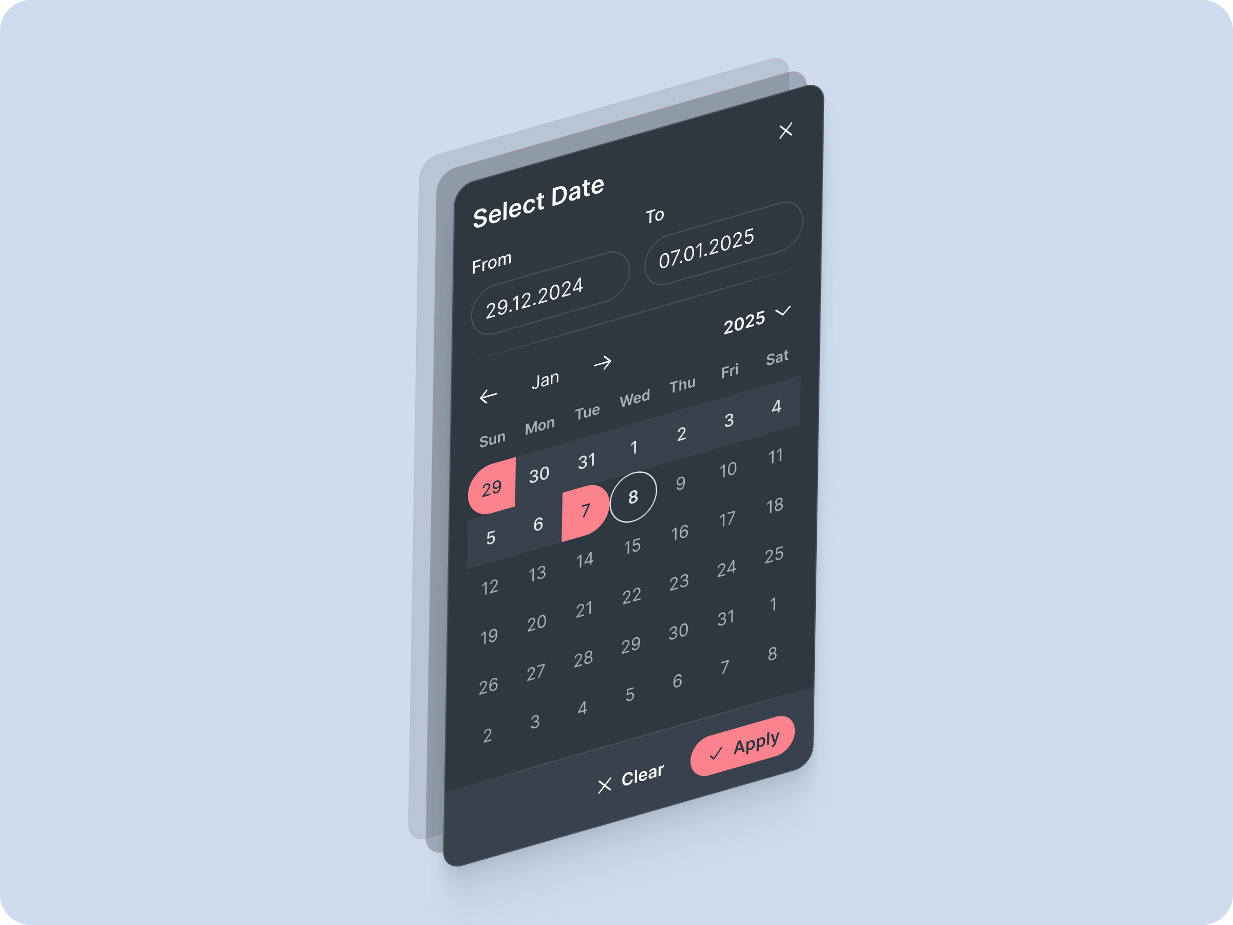 Dark Mode Calendar ai cleancalendardesign contrastuielements darkmodecalendar daterangepickerui dateselectionux design minimalistdateselector mobileappcomponent mobileinteractionpattern ui user experience ux uxforbookingflows uxui