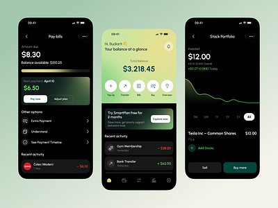 Finance Mobile App UI bank charts clean dark dashboard figma finance financeapp fintech gradient investment minimal mobilebanking paybills payments portfolio stocks trading ui ux